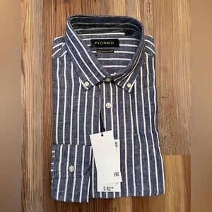 Men’s Navy and White Striped Casual Shirt Pure Linen & Cotton